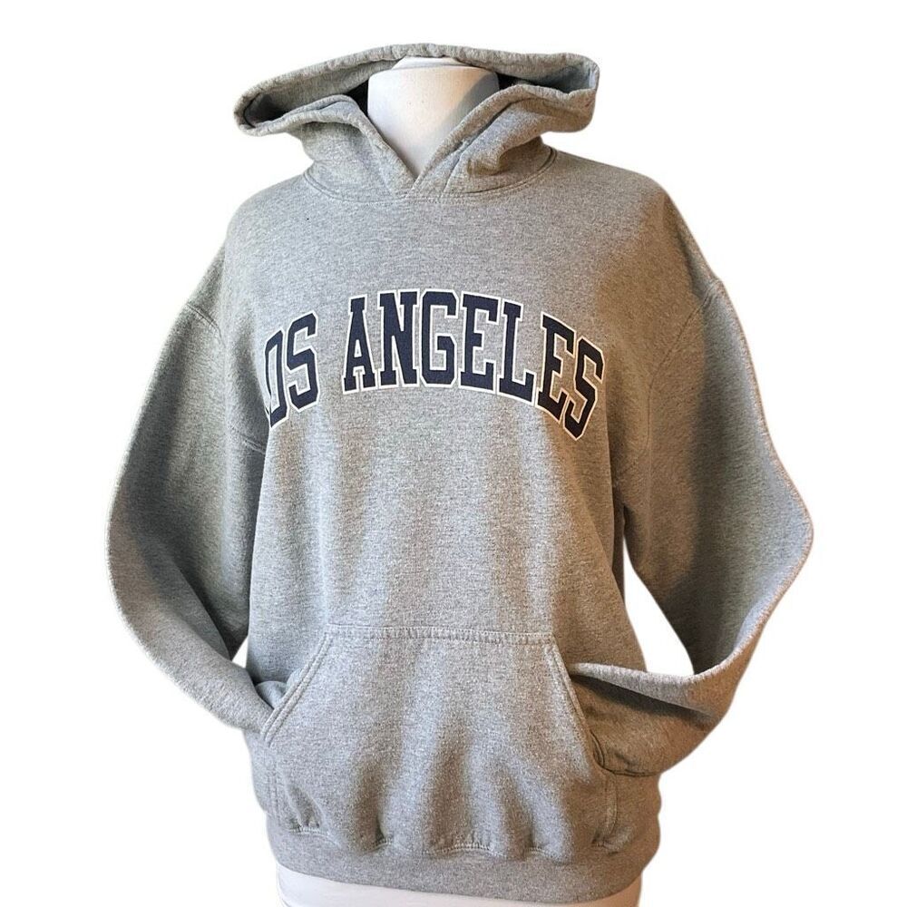 Vintage Los Angeles Pullover Hoodie by Gildan. Grey with navy. Medium
